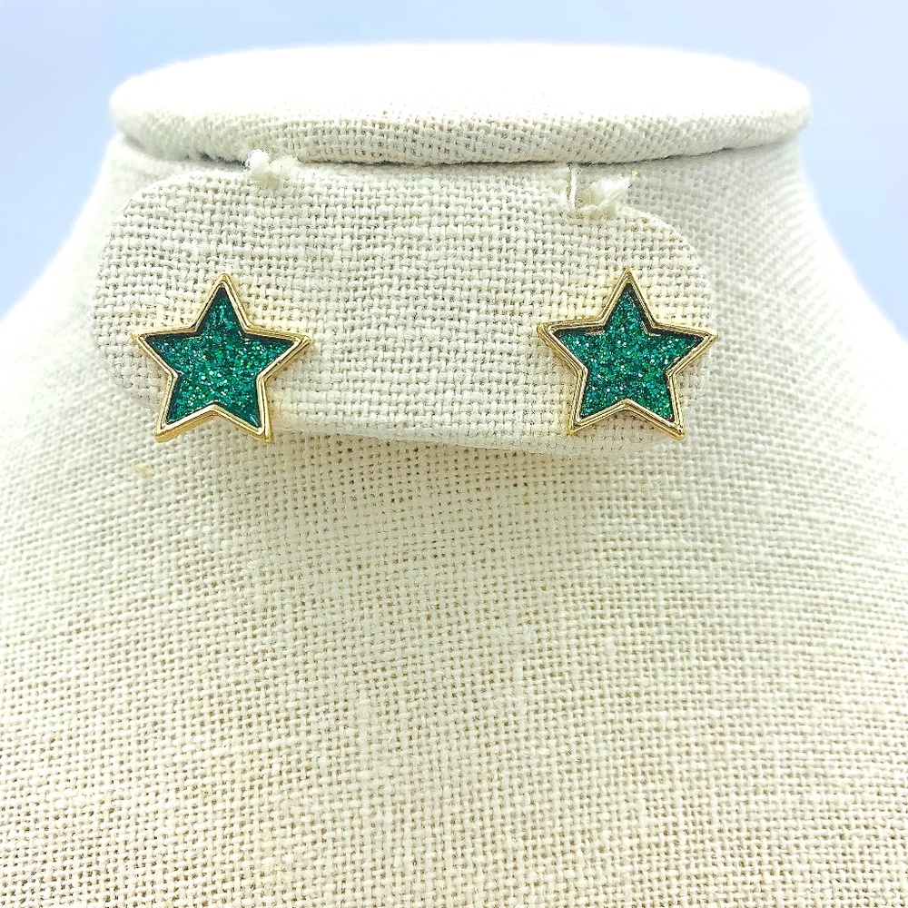 Glitter Star Stud Earrings - Green